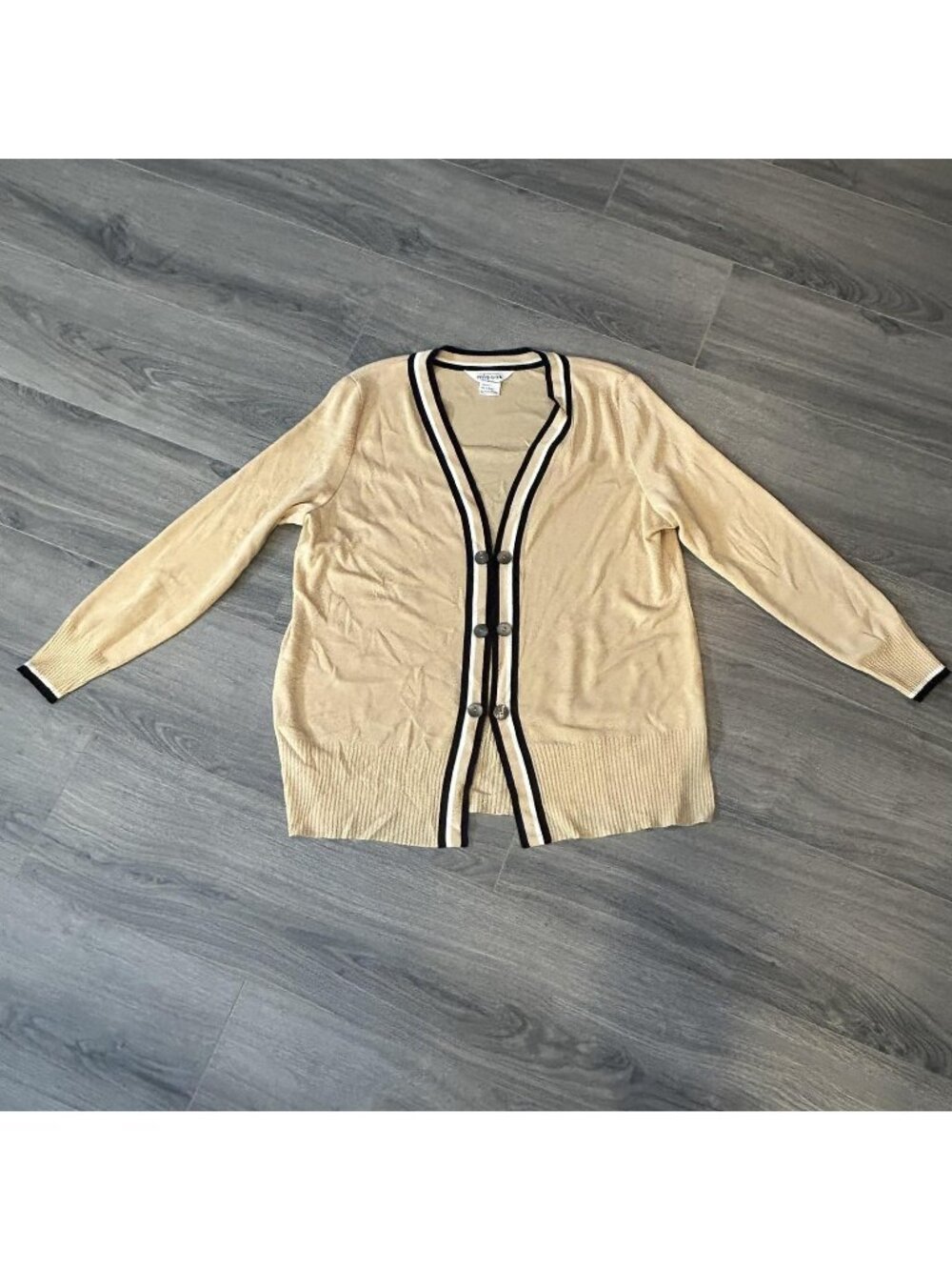 Misook Cardigan Sweater Womens XL Beige Black Trim Button Front V Neck Knit